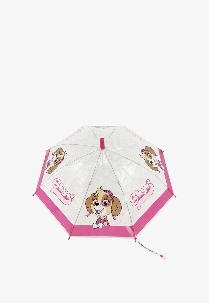 Transparent umbrella with pink accents featuring cartoon dog character. Octagonal shape, a central pink handle, and paw print pattern background.