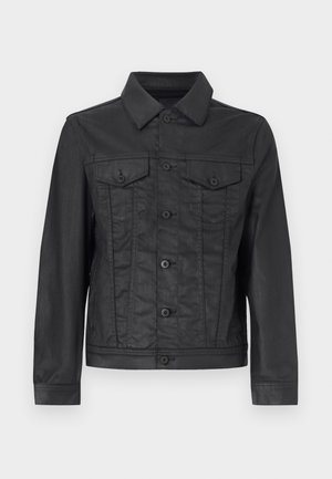 Černá džínsová bunda s knoflíkovou přední částí, špičatým límcem, dvěma náprsními kapsami a dlouhými rukávy s manžetami na knoflíky. Hladký povrch.