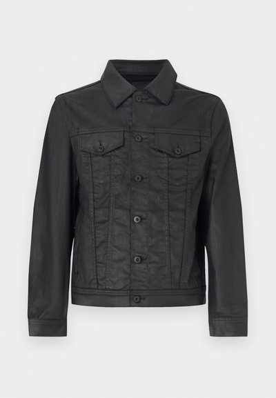 Juodas džinsinis švarkas su sagtys priekyje, smailiu apykakle, dviem krūtinės kišenėmis ir ilgomis rankovėmis su sagčių užsegimais. Lygus paviršius.