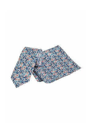 Krawatten- und Einstecktuch-Set mit blauem, weißem und rosafarbenem Blumenmuster auf weißem Hintergrund.