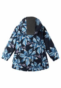 Blommönstrad jacka med blå och vita bladdesigner på en marinblå bakgrund, huva, elastiska ärmslut och en liten logotags på baksidan.