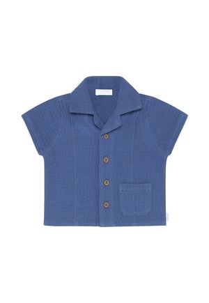 Blauw shirt met korte mouwen van gestructureerde katoen, voorzien van een kraag, vijf houten knopen en een borstzak. Eenvoudig, gestructureerd ontwerp.