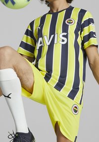 Fotbalový dres Puma s námořnickými a žlutými svislými pruhy, který obsahuje logo "AVIS" a emblém. Zahrnuje žluté šortky a bílé ponožky.