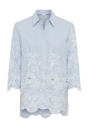 Chemise rayée bleu clair et blanc avec col, manches trois-quarts, et broderie en dentelle florale blanche sur la moitié inférieure et les manches.