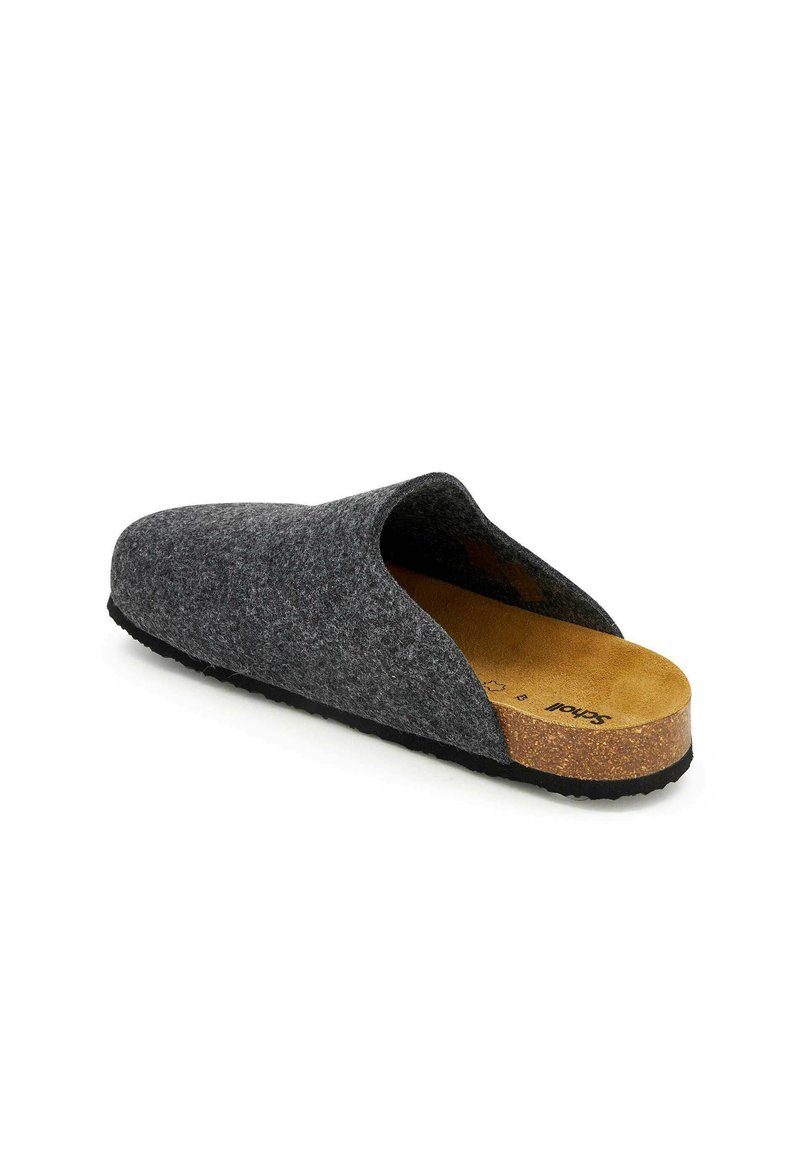 Chausson en feutre gris avec une semelle en liège, ouvert à l'arrière et semelle en caoutchouc texturé. Surface lisse avec un design sans couture et un style minimaliste.