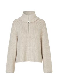 Beżowy sweter dzianinowy z wysokim kołnierzem i zamknięciem na pół suwak. Posiada prążkowaną teksturę oraz szerokie rękawy. Krótki krój.