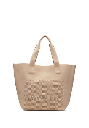 Beige draagtas met twee handvatten, een getextureerd voorpaneel en een ingeblazen "HISPANITAS"-logo.