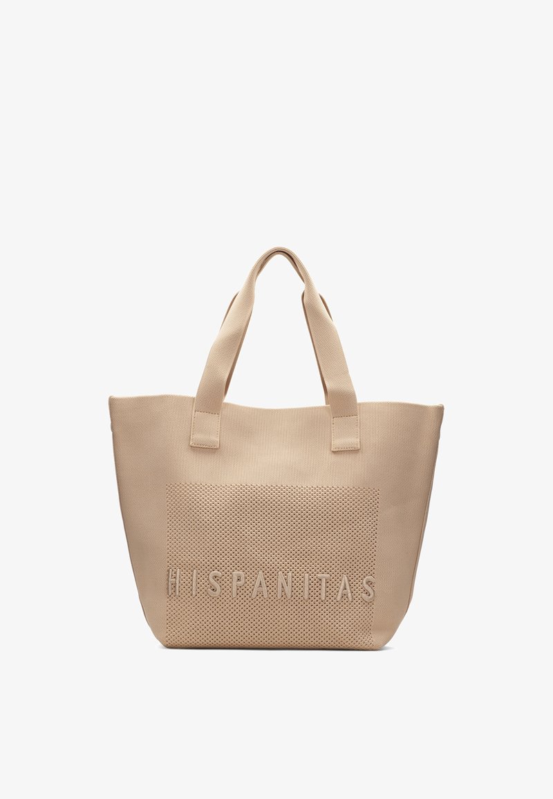 Borsa shopper beige con due manici, pannello frontale testurizzato e logo "HISPANITAS" in rilievo.