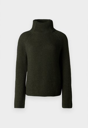 Tummanvihreä ribbipintainen korkeakauluksinen villapaita, jossa on pitkät hihat ja rento leikkaus. Valmistettu teksturoidusta neulemateriaalista, joka tarjoaa lämpöä ja mukavuutta.