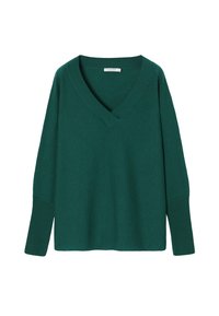 Grüner V-Ausschnitt-Pullover aus weichem Material. Verfügt über lange Ärmel und einen lockeren Sitz mit gerippten Bündchen und Saum. Einfaches, sauberes Design.