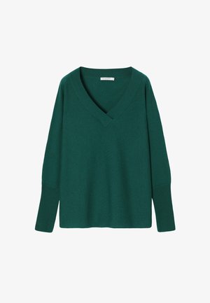 Pull vert en V en tissu doux. Il possède des manches longues et une coupe décontractée avec des bords côtelés au niveau des manches et de l'ourlet. Design simple et épuré.