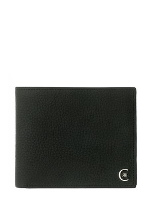 Schwarze, strukturiere Leder-Brieftasche mit Klappverschluss und kleinem silbernem "CR"-Logo in der unteren rechten Ecke vor weißem Hintergrund.