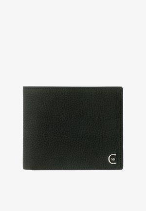 Schwarze, strukturiere Leder-Brieftasche mit Klappverschluss und kleinem silbernem "CR"-Logo in der unteren rechten Ecke vor weißem Hintergrund.