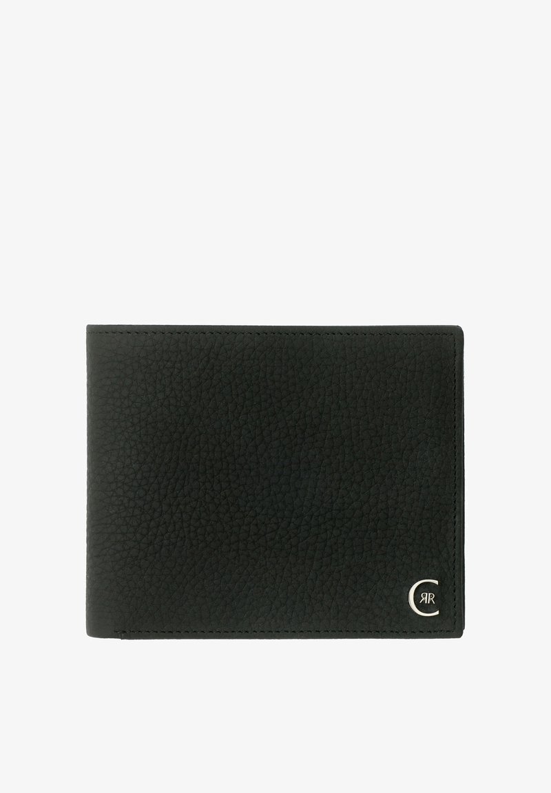 Cartera bifold de cuero negro con textura y un pequeño logo plateado "CR" en la esquina inferior derecha sobre un fondo blanco.