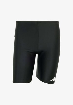 Black athletic shorts made of smooth, stretchy fabric. Features a fitted design, white accents, and a logo on the lower right side.