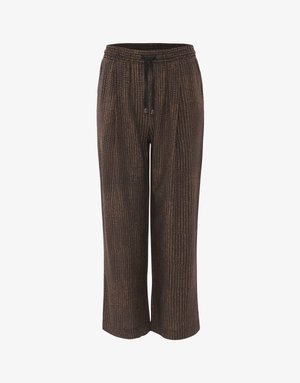 Pantaloni larghi a fantasia marrone con vita elastica e cordoncino. Il materiale ha un aspetto tessuto e strutturato.