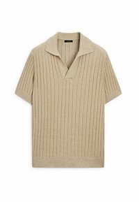 Pull en beige à manches courtes avec un col en V et une texture côtelée. Présente un col plié et un ourlet droit. Fabriqué en un tissu tricoté doux.