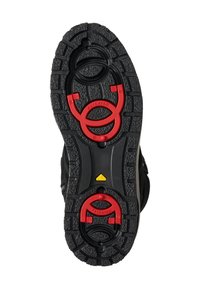 Zwarte rubberen schoenzool met een gestructureerd profiel, rode accenten en ronde designelementen voor verbeterde grip en stabiliteit.