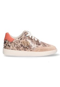 Leopard-print sneaker with a mesh upper and suede accents, featuring a coral heel tab and white laces on a white rubber sole.