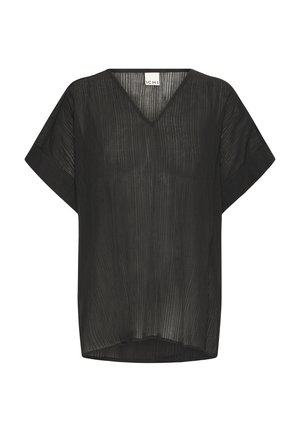 Top nero plissettato con scollatura a V, maniche corte, vestibilità ampia, realizzato in tessuto leggero, superficie testurizzata e orlo curvo.