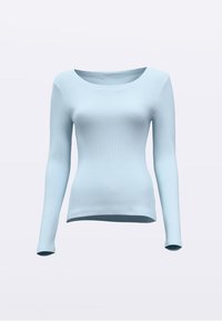 Šviesiai mėlynas ilgarankoviai marškinėliai iš banguotos medžiagos. Turi apvalų iškirptę ir aptemptą siluetą, lygų paviršių ir minimalų dekorą.