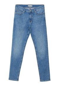 Jean en denim bleu avec un design classique à cinq poches, coupe droite et une finition légèrement délavée. Caractéristiques : fermeture à bouton en métal et accents de couture.