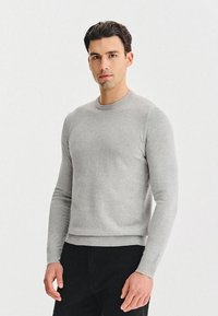 Szary sweter z dzianiny z długimi rękawami, okrągłym dekoltem i ściągaczem na dole. Nosi się go na czarnych spodniach, charakteryzuje się gładką teksturą i dopasowanym krojem.