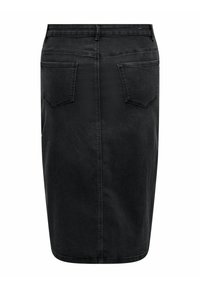 Črn denim svinčnik krilo z visokim pasom, dvema zadnjima žepoma in ravnim krojem. Gladka tekstura s subtilnimi šivi.
