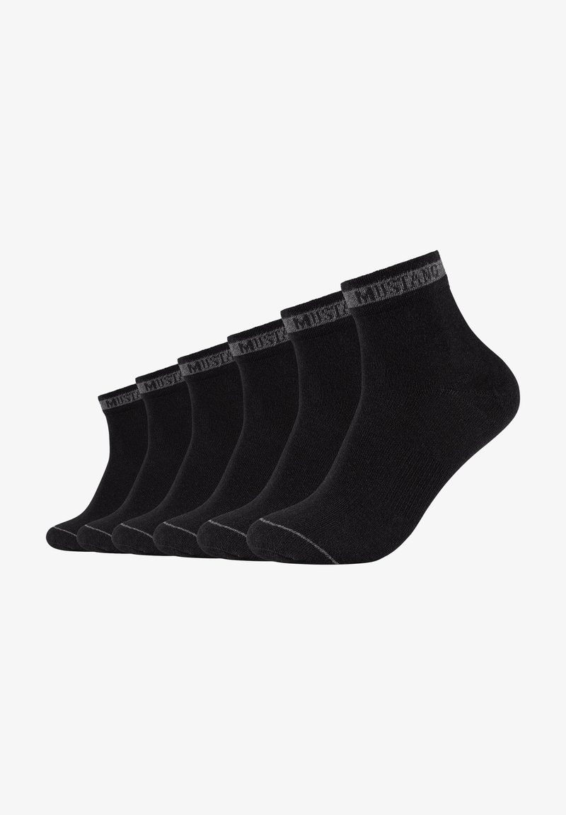 Sorte ankelstrømper, seks par, strikket materiale, ribbede manchetter, ensfarvet design, forstærket tå og hæl for holdbarhed, ingen synlige mønstre eller logoer.