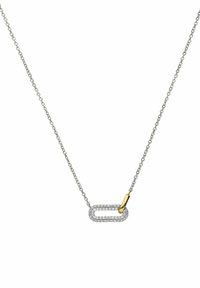 Zilveren ketting met een schakels ontwerp; één schakel versierd met heldere kristallen en een gouden accent op een andere schakel.