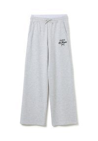 Hellgraue Jogginghose mit lockerer Passform, elastischem Bund, Kordelzug und schwarzem Drucktext "PARIS Le Marais." Weicher Stoff.