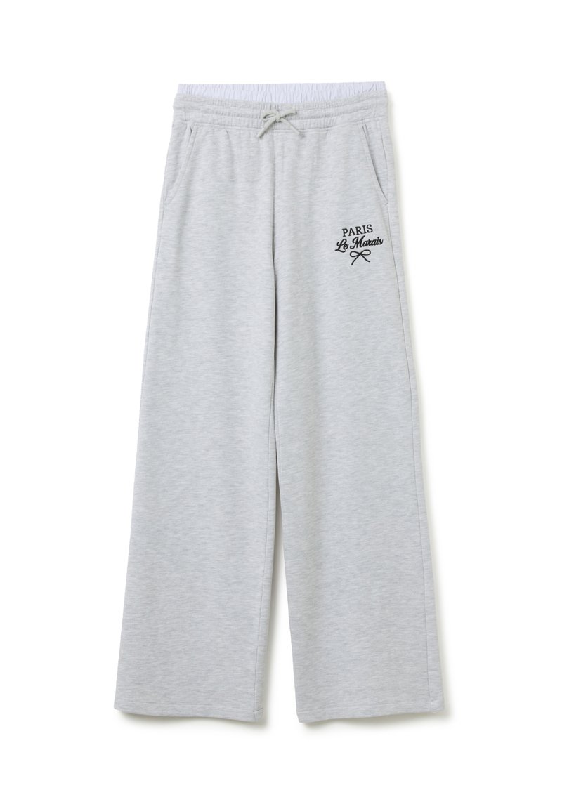 Hellgraue Jogginghose mit lockerer Passform, elastischem Bund, Kordelzug und schwarzem Drucktext "PARIS Le Marais." Weicher Stoff.