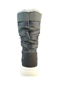 Ciemnoszare zimowe buty z wyściółką z teksturowanej tkaniny, sztucznym futrem na górze i białą gumową podeszwą. Posiadają elastyczne paski dla lepszego dopasowania.