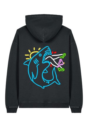 Black hoodie featuring a colorful embroidered design of a shark with a sun, stripes, and various cartoonish elements.