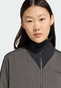 Šedá bunda na zips s vertikálnymi pruhmi, vysokým golierom, čiernymi detailmi na ramenách a jemným logom na ľavej strane. Hladká textúra.