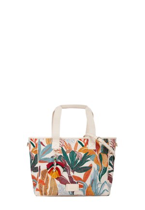 Borsa a tracolla con un motivo floreale e fogliare multicolore, realizzata in tessuto con manici beige e un charm decorativo a nappina.