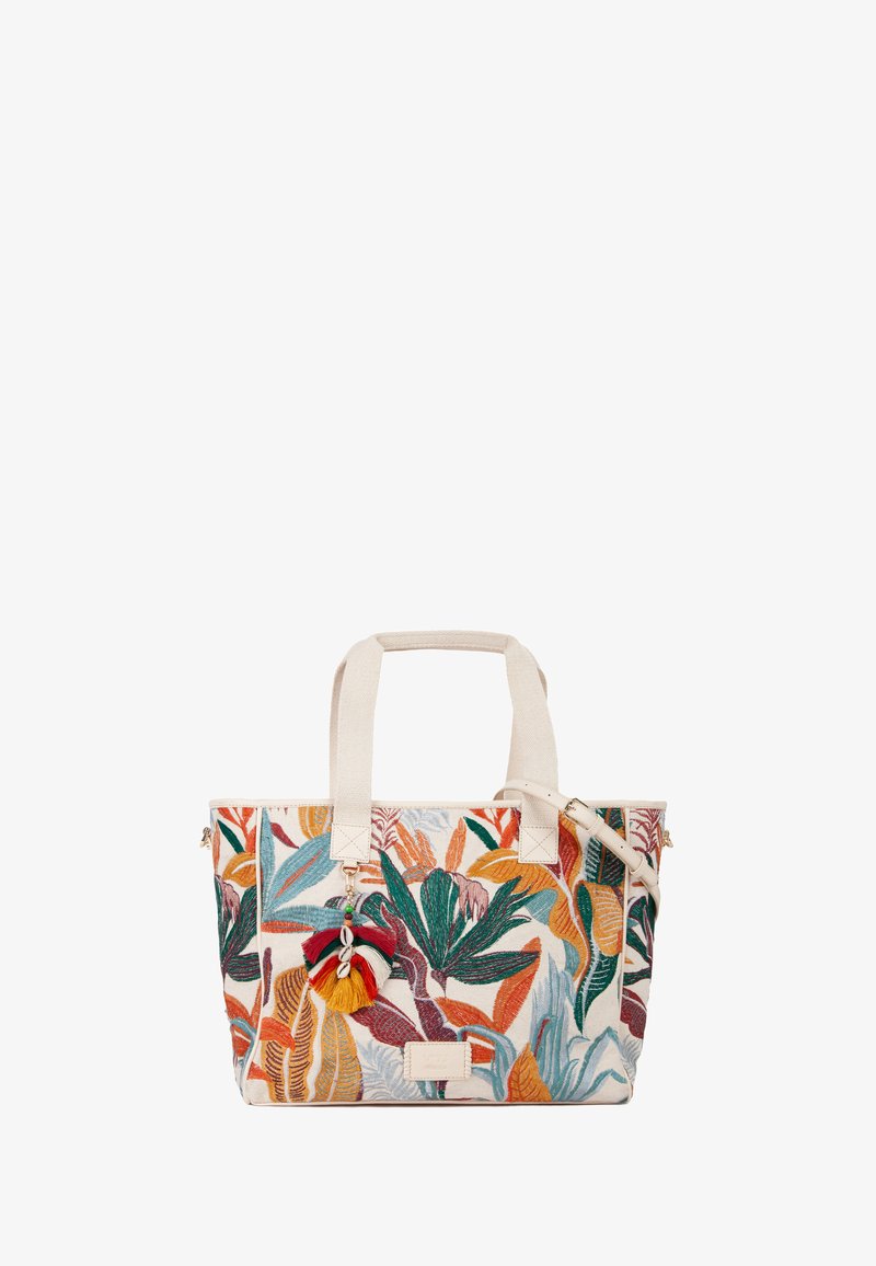 Borsa a tracolla con un motivo floreale e fogliare multicolore, realizzata in tessuto con manici beige e un charm decorativo a nappina.