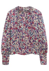 Bluse med blomstermotiv, der har en smocket halsudskæring, lange ærmer, struktureret stof og en blanding af røde, blå og cremefarvede nuancer.