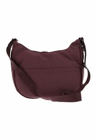 Sac bandoulière bordeaux avec une sangle réglable, fermeture supérieure zippée et un motif de tissu texturé subtil.