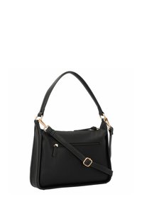 Borsa a tracolla in pelle nera con forma strutturata, cinturino staccabile, tasca frontale con zip e dettagli in metallo dorato.