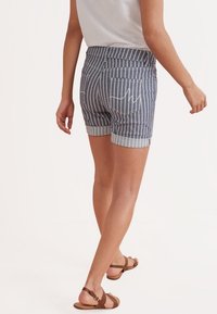 Shorts de mezclilla a rayas con cintura alta, dobladillos enrollados y bolsillos traseros con detalles bordados. La paleta de colores incluye rayas en azul marino y blanco.