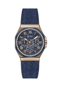 Denimarmbandsur med ett guld oktagonalt urtavla, blå denimdials, romerska siffror, subdials och en kristallbezel för extra detaljer.