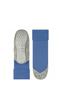 Niebieskie tekstylne skarpetki w kształcie klapek z teksturowanym wierzchem, szara podeszwa z wzorem w diamenty oraz wzmocnioną piętą. Zaprojektowane z myślą o komforcie i cieple.