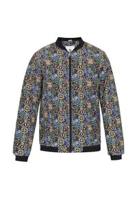Chaqueta bomber multicolor con un patrón gráfico sobre un fondo negro, puños y dobladillo acanalados, y cierre de cremallera.