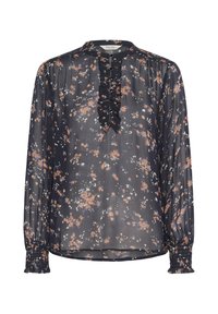 Bluza navy transparentă cu mâneci lungi, model floral în nuanțe de portocaliu și albastru, cu plastron încâlțat și manșete împăturite.