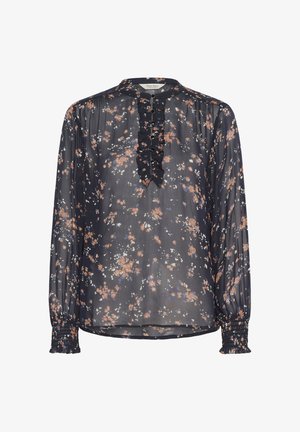 Navy sheer blouse with long sleeves, floral pattern in orange and blue, ruffled front placket, and gathered cuffs.