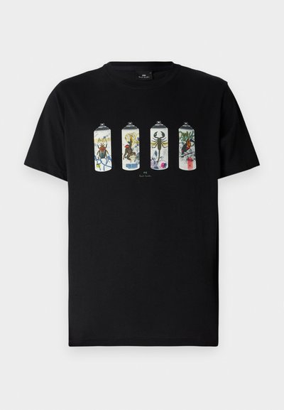 Black cotton t-shirt featuring four graphic spray paint cans with colorful illustrations of insects and birds on the front.