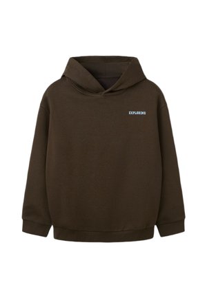 Sweat à capuche marron foncé à manches longues avec le mot "EXPLORING" imprimé en petites lettres blanches sur la poitrine.