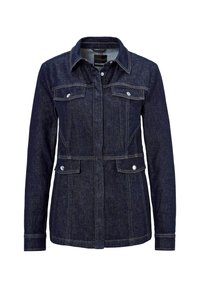 Donkerblauwe denimjasje met een aansluitend ontwerp, twee borstzakken, zilveren drukknoopjes en contrasterende stiknaden. Heeft een kraag. 