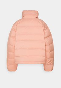 Veste doudoune courte rose clair avec un col haut, des sections matelassées et des manches raglan avec une texture lisse et brillante.